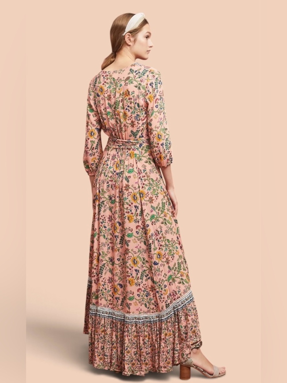FARM Rio 100% Viscose Pink Floral Wrap Long Sleeve Maxi Dress Size Medium🌸💗